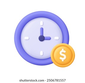 Reloj y moneda con signo de dólar. Concepto financiero y empresarial. El tiempo es dinero, recordatorio de impuestos, dinero rápido. Icono de Vector 3D. Estilo minimalista de dibujos animados.