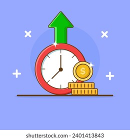Clock Coin Money Vector Icon Illustration. Flat Cartoon Style Suitable for Web Landing Page, Banner, Flyer, Sticker, Card, Background