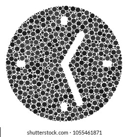 Clock collage of circle dots in variable sizes and color tints. Dots are combined into clock vector composition. Vector design concept.