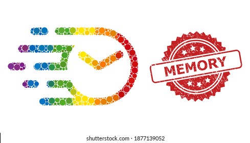 Clock collage icon of spheric dots in different sizes and spectrum color tinges, and Memory unclean rosette stamp seal. A dotted LGBT-colored Clock for lesbians, gays, transgenders,