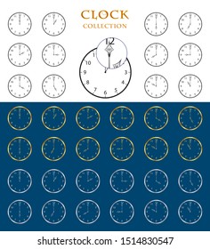 Clock collection in 3 color. The indicators show the time on an hourly basis. Black, gold and silver set on isolated background.