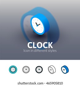 Clock color icon, vector symbol in flat, outline and isometric style isolated on blur background