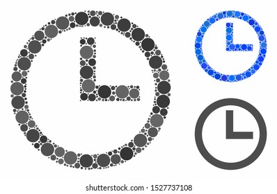 Clock composition of filled circles in various sizes and color tones, based on clock icon. Vector filled circles are grouped into blue illustration. Dotted clock icon in usual and blue versions.