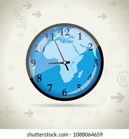 Clock concept, background of financial symbols