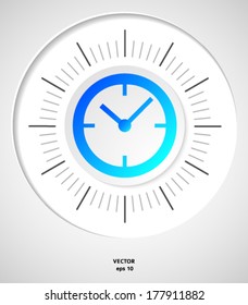 The clock concept poster. Mechanical clock face (dial) as part of an analog clock (watch) with black a pointers. Isolated on gray background. Vector illustration EPS 10