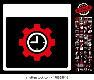 Clock Configuration Gear Calendar Page icon with bonus calendar and time management clip art. Vector illustration style is flat iconic symbols, red and white, black background.