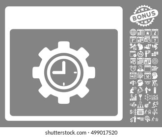 Clock Configuration Gear Calendar Page pictograph with bonus calendar and time management images. Vector illustration style is flat iconic symbols, white, gray background.