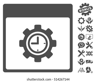 Clock Configuration Gear Calendar Page pictograph with bonus options design elements. Vector illustration style is flat iconic symbols, gray, white background.