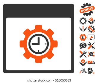 Clock Configuration Gear Calendar Page pictograph with bonus settings symbols. Vector illustration style is flat iconic symbols, orange and gray, white background.