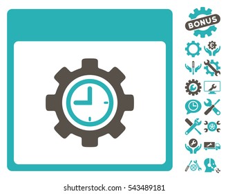 Clock Configuration Gear Calendar Page icon with bonus service pictograms. Vector illustration style is flat iconic symbols, grey and cyan, white background.