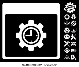 Clock Configuration Gear Calendar Page icon with bonus settings pictures. Vector illustration style is flat iconic symbols, white, black background.