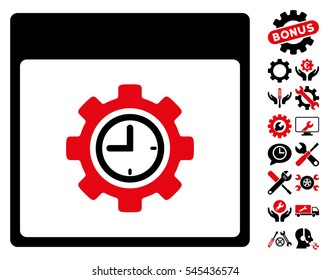 Clock Configuration Gear Calendar Page pictograph with bonus configuration pictograph collection. Vector illustration style is flat iconic symbols, intensive red and black, white background.