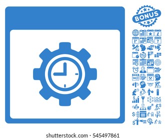 Clock Configuration Gear Calendar Page icon with bonus calendar and time management symbols. Vector illustration style is flat iconic symbols, cobalt, white background.