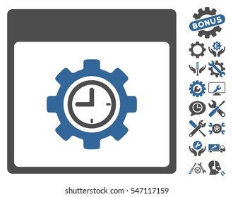 Clock Configuration Gear Calendar Page icon with bonus service pictograms. Vector illustration style is flat iconic symbols, cobalt and gray, white background.