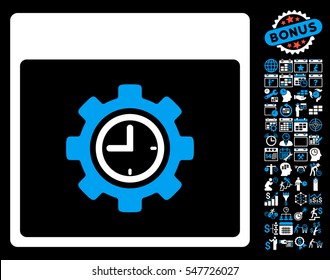 Clock Configuration Gear Calendar Page pictograph with bonus calendar and time management pictograph collection. Vector illustration style is flat iconic symbols, blue and white, black background.