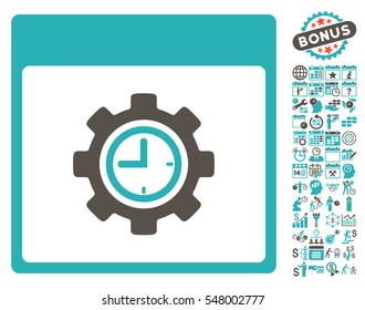 Clock Configuration Gear Calendar Page icon with bonus calendar and time management symbols. Vector illustration style is flat iconic symbols, grey and cyan, white background.