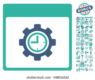 Clock Configuration Gear Calendar Page icon with bonus calendar and time management pictures. Vector illustration style is flat iconic symbols, cobalt and cyan, white background.