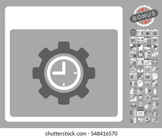 Clock Configuration Gear Calendar Page pictograph with bonus calendar and time management clip art. Vector illustration style is flat iconic symbols, dark gray and white, silver background.