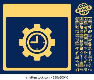 Clock Configuration Gear Calendar Page icon with bonus calendar and time management symbols. Vector illustration style is flat iconic symbols, yellow, blue background.