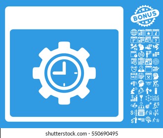 Clock Configuration Gear Calendar Page pictograph with bonus calendar and time management graphic icons. Vector illustration style is flat iconic symbols, white, blue background.