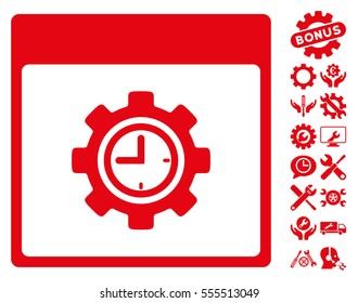 Clock Configuration Gear Calendar Page pictograph with bonus settings pictograph collection. Vector illustration style is flat iconic symbols, red, white background.