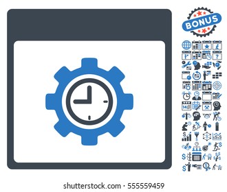 Clock Configuration Gear Calendar Page icon with bonus calendar and time management pictures. Vector illustration style is flat iconic symbols, smooth blue, white background.