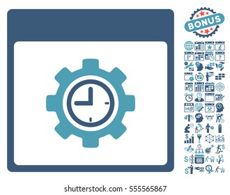 Clock Configuration Gear Calendar Page icon with bonus calendar and time management images. Vector illustration style is flat iconic symbols, cyan and blue, white background.