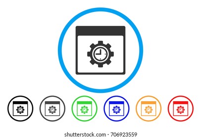 Clock Configuration Gear Calendar Page vector rounded icon. Image style is a flat gray icon symbol inside a blue circle. Bonus color versions are gray, black, blue, green, red, orange.