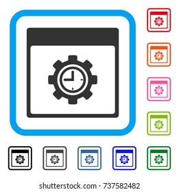 Clock Configuration Gear Calendar Page icon. Flat grey iconic symbol inside a light blue rounded squared frame. Black, gray, green, blue, red,
