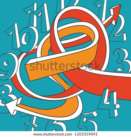 Clock with confused arrows. Bad time management, stress & rush concept illustration. Hand drawn vintage doodle three-dimensional contour style. Red and yellow on turquoise. Eps 10