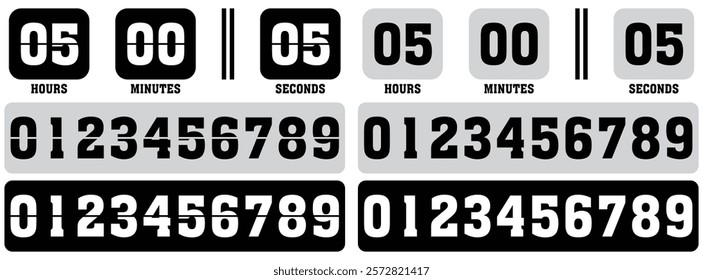 Clock countdown display. Flip clock showing how much time hours, minutes and seconds. Flip board with white numbers on black panels in retro style. Vector design element