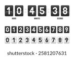 Clock countdown display in retro style. Flip clock numbers. Numbers in flip clock style with hours, minutes and seconds. Flip scoreboard template. Vector