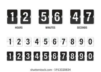Clock countdown display. Set numbers flip watch. Black and white date counter flip display isolated on white background. Vector illustration.