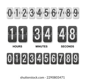 Clock countdown display. Set numbers flip watch. Black and white date counter flip display isolated on white background