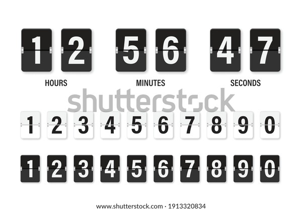 Clock countdown display. Set numbers flip\
watch. Black and white date counter flip display isolated on white\
background. Vector\
illustration.