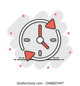 Icono de cuenta regresiva de reloj en estilo cómico. Pictograma de ilustración de dibujos de dibujos vectoriales cronómetros de tiempo. Efecto de salpicadura de concepto de negocio de reloj.