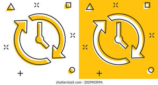 Clock countdown icon in comic style. Time chronometer vector cartoon illustration pictogram. Clock business concept splash effect.