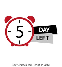 Clock countdown icon. Red alarm clock. Five days left. Bold text vector.