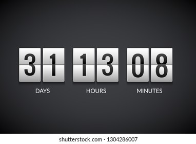 Clock counter countdown flip scoreboard vector timer. Count number display watch flat clock.
