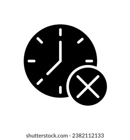 Clock with cross mark black glyph icon. Digital watch with x sign. Canceling appointment. Delete alarm. Turn off. Silhouette symbol on white space. Solid pictogram. Vector isolated illustration
