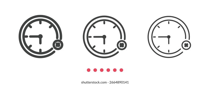 Reloj con icono de línea de marca cruzada. Vector de icono de línea delgada.