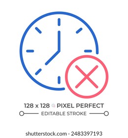 Clock with cross mark two color line icon. Digital watch with x sign. Canceling appointment. bicolor outline symbol. Duotone linear pictogram. Isolated illustration. Editable stroke