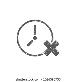 Clock with cross sign icon in grunge texture. Vintage style vector illustration.