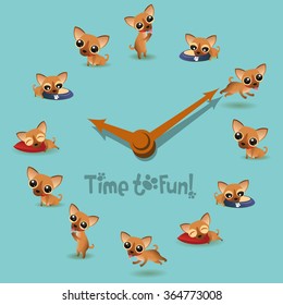 Clock with cute dog / puppy. Vector set of funny cartoon dogs - eating, playing and sleeping