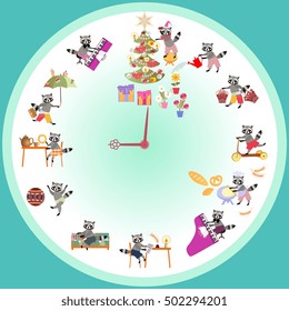 Clock with cute raccoons. Vector set of cartoon raccoons.