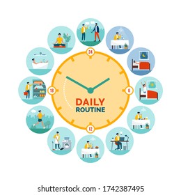 Clock with daily activities routine: woman perfoming different tasks during day and night, healthy lifestyle and biological rhythms concept
