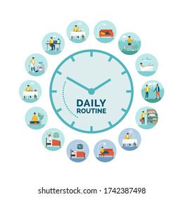 Clock With Daily Activities Routine: Woman Perfoming Different Tasks During Day And Night, Healthy Lifestyle And Biological Rhythms Concept