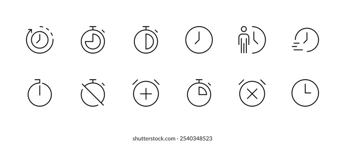 Colección de icono de reloj y fecha. Hora, reloj, alarma, cita, horario, recordatorio, temporizador, cronómetro, reloj de arena y más. Trazo editable. Pixel perfecto. Base de rejilla 32px.