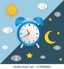 Clock with day night concept clock face vector illustration. Blue sky with clouds and sun. Moon and stars in the night
