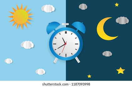 Clock with day night concept clock face vector illustration. Blue sky with clouds and sun. Moon and stars in the night